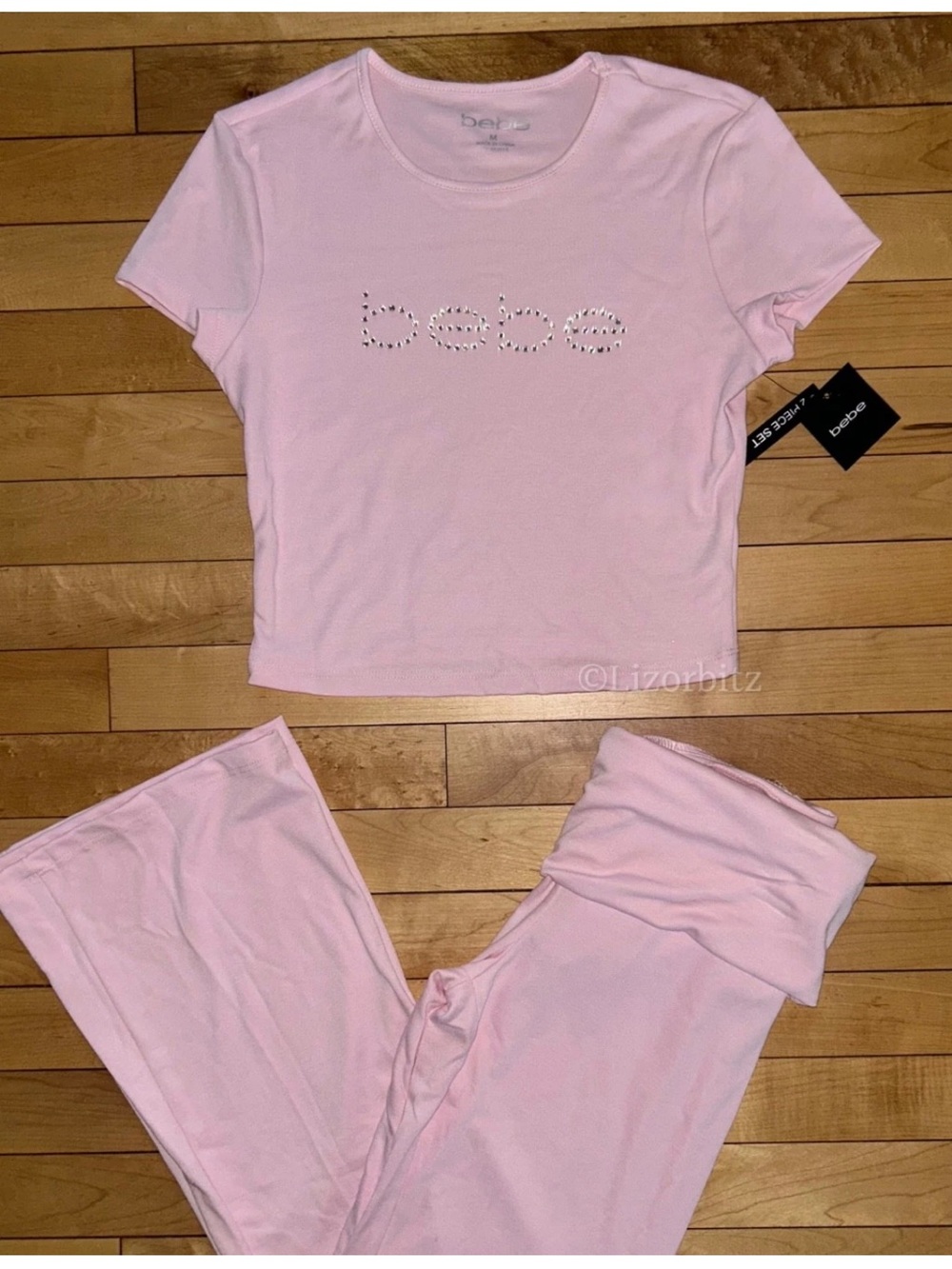 NEW! NWT BEBE Bling Rhinestone Logo Tee & Legging Yoga Set Lace Pink Size L